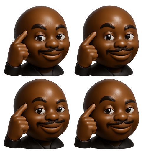 sprite sheet of think smart black guy meme. each face shaped as a marble shaped face made in blender 3D. arrange faces in a 2 by 2 grid