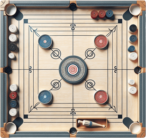 I’m creating a 2D Carrom game and need a high-quality top-down Carrom board asset. Please generate.
Single Game Texture.  In-Game asset.  2d.  Blank background.  High contrast.  No shadows