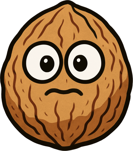 Nuez de color marrón claro, con una textura rugosa que le da un aspecto robusto. Es de forma ovalada, ligeramente más ancha en la base. Tiene dos ojos grandes y blancos con pupilas negras, que miran hacia adelante, y una boca pequeña y sonriente que le da una expresión algo asustadiza o sorprendida..
In-Game asset.  High contrast.  No shadows