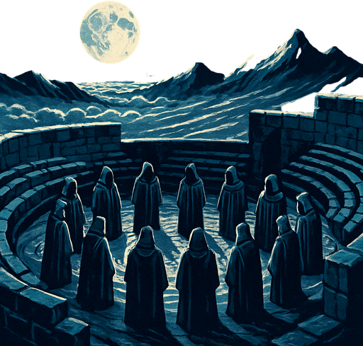 A mountaintop stone amphitheater under a glowing full moon, robed figures in a ritual circle, icy wind sweeping, high above the clouds, solemn medieval council scene, realistic.
In-Game asset.  2d.  High contrast.  No shadows