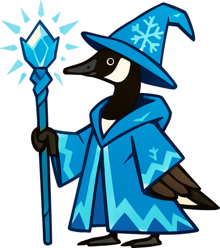 A Canadian Goose in Magic Ice Mage Outfit armed with a magic ice staff.
In-Game asset.  2d.  High contrast.  No shadows