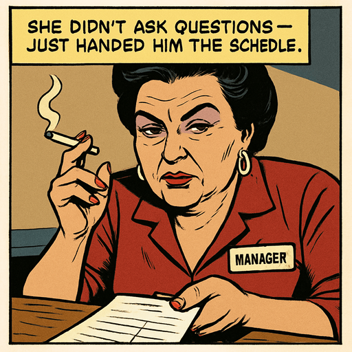 A comic panel styled like a square photo print with a clean white border. Realistic comic art. Scene: Close-up of a middle-aged woman with bold makeup, cigarette in hand, leaning over the bar. Her name tag reads “Manager.” Narrator box at the top reads: “She didn’t ask questions — just handed him the schedule.”.
In-Game asset.  2d.  High contrast.  No shadows