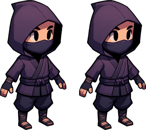A ninja kid thief, full body, with a dark purple hoodie.
Single Game Texture. In-Game asset. 2d. Blank background. High contrast. No shadows.