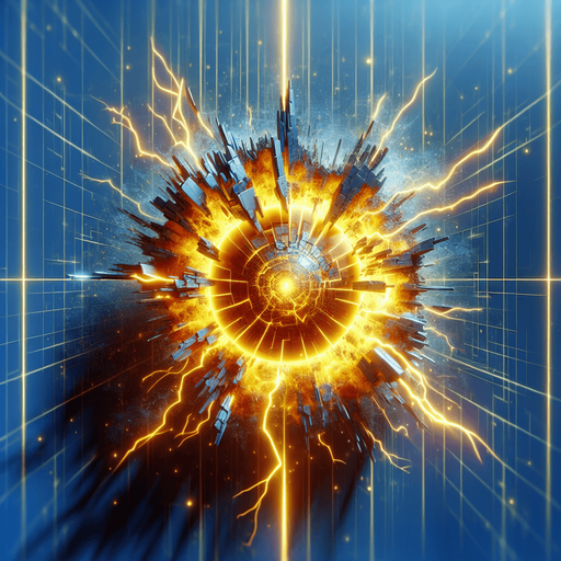 A more intense version of Power Surge. A fractured or exploding core shape at the center, emitting powerful, jagged energy waves (possibly in yellow or orange on top of blue). Could incorporate classic explosion symbol elements but rendered in the cybernetic style. Should look significantly more powerful than Power Surge..
Single Game Texture.  In-Game asset.  2d.  Blank background.  High contrast.  No shadows