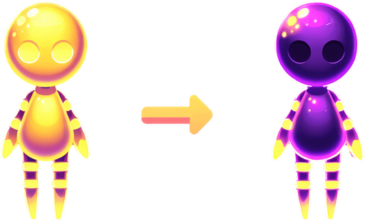 Doll fyn glowing yellow and purple.
Single Game Texture. In-Game asset. 2d. Blank background. High contrast. No shadows.
