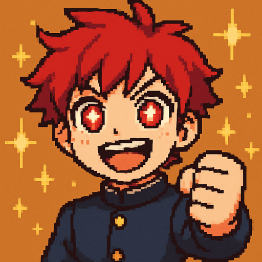 A kawaii anime boy with intense red eyes, each containing shining stars. He raises his fist forward with determination, wearing a wide, open smile full of enthusiasm. Sparkles and glimmers float around him, symbolizing hope. The entire scene is rendered in Pixel Art style.