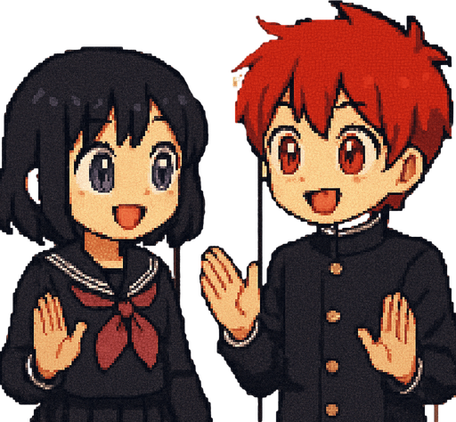 Pixel art. A red-haired 15-year-old anime-style boy with red eyes and a girl with purple eyes in Japanese school uniforms, both with large, expressive eyes and oversized irises to look super kawaii, are talking cheerfully while looking into each other’s eyes and gesturing with their hands. They are standing very close to a row of school lockers. In the center locker, a pair of glowing red eyes peer through the slats. The eyes belong to a hidden yandere—obsessed, crazy, and jealous—whose face and body remain completely obscured in the darkness inside the locker. The mood is lighthearted between the boy and girl, contrasting with the eerie presence watching them from the shadows.
