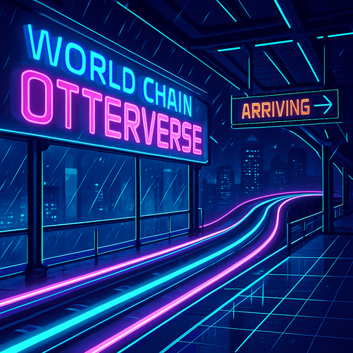 Generate an elevated monorail station at night, with neon rails and transparent glass platforms. Holographic signage over the tracks proclaims ‘World Chain Otterverse.’ Add animated train arrival indicators, rain streaks on glass, and distant skyscrapers—no characters or coins present..
In-Game asset.  2d.  High contrast.  No shadows