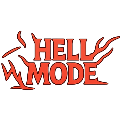 dehşet saçan bir hell mode yazısı tek line olsun geniş kısa. No background. Transparent background. Blank background. No shadows. 2d. In-Game asset. flat