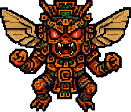 Genérame una Chicharra guerrero azteca con eso patrones, estilo pixelar, con una apariencia maligna, ojos rojos, rabioso. Unidad aerea con alas. Animal.
In-Game asset.  2d.  High contrast.  No shadows