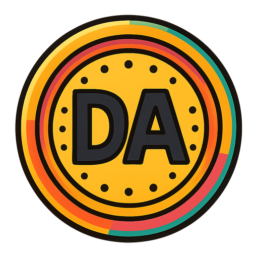coin with colors, have "DA", hd colors. have black circles and black line for the "DA", between the 2 circles do small black lines all around.
Single Game Texture.  In-Game asset. 2d.  Blank background.  High contrast.  No shadows