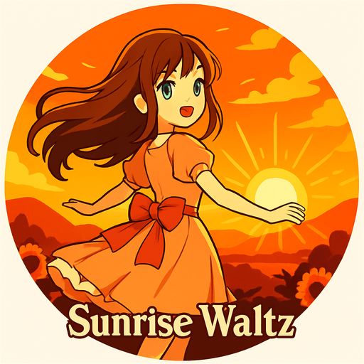 Round shape of anime style song cover with the themed Sunrise Waltz.
In-Game asset.  2d.  High contrast.  No shadows