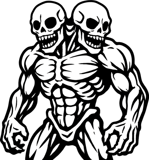 montruo blanco de ojos negros de dos cabezas musculoso esqueletico.
In-Game asset.  2d.  High contrast.  No shadows