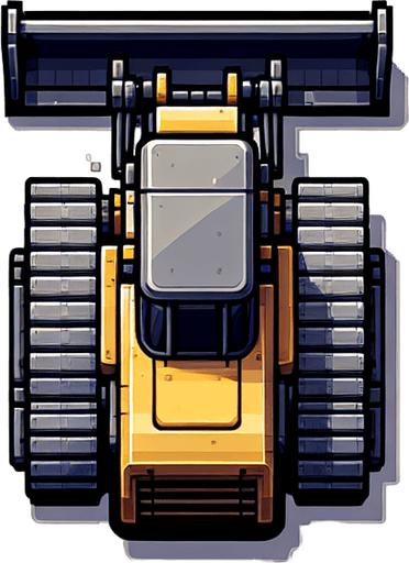 A bulldozer seen from stricly from the top..
Single Game Texture. In-Game asset. 2d. Blank background. High contrast. No shadows.