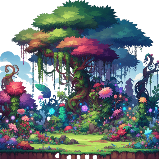 magic forest.
Single Game Texture.  In-Game asset.  2d.  Blank background.  High contrast.  No shadows