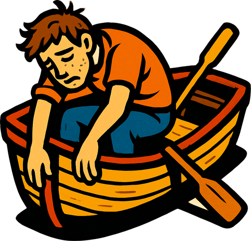 a boat and an exhausted man in it.
In-Game asset.  2d.  High contrast.  No shadows