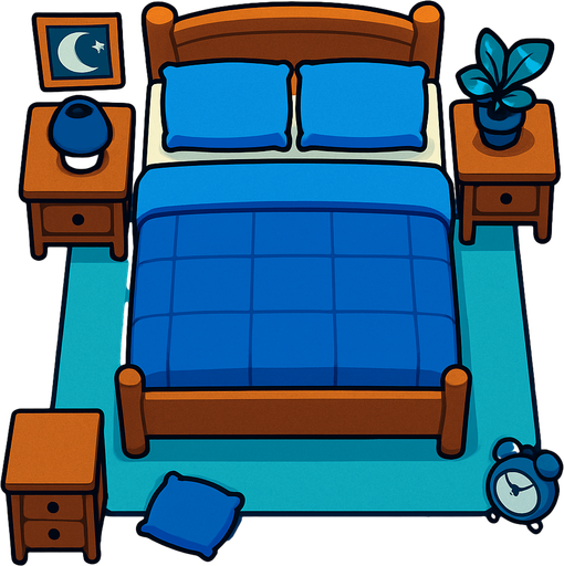 a top view of a bedroom with a blue bed.
In-Game asset.  2d.  High contrast.  No shadows