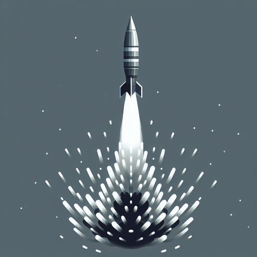 a missile with the trail. the missile is pointing to the top, and the trail goes down. no background, top-down view.
Single Game Texture.  In-Game asset.  2d.  Blank background.  High contrast.  No shadows