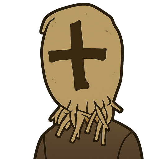 Man with bag on head with cross on it. No background. Transparent background. Blank background. No shadows. 2d. In-Game asset. flat