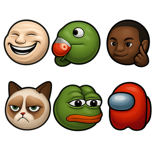 sprite sheet of famous modern meme faces of: Trolololo, Kermit sips tea, Think black Guy, Grumpy Cat, Pepe the frog, among us. each face shaped as a round marble shaped face made in blender 3D..
In-Game asset.  2d.  High contrast.  No shadows