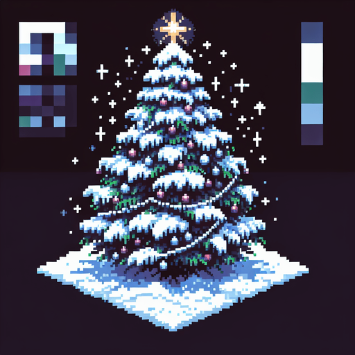 pixel art of a christmas tree covered in snow. Single Game Texture. In-Game asset. 2d. Blank background. High contrast. No shadows.