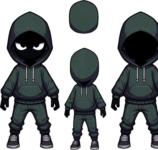 A ninja kid thief, full body, with a dark green hoodie.
Single Game Texture. In-Game asset. 2d. Blank background. High contrast. No shadows.