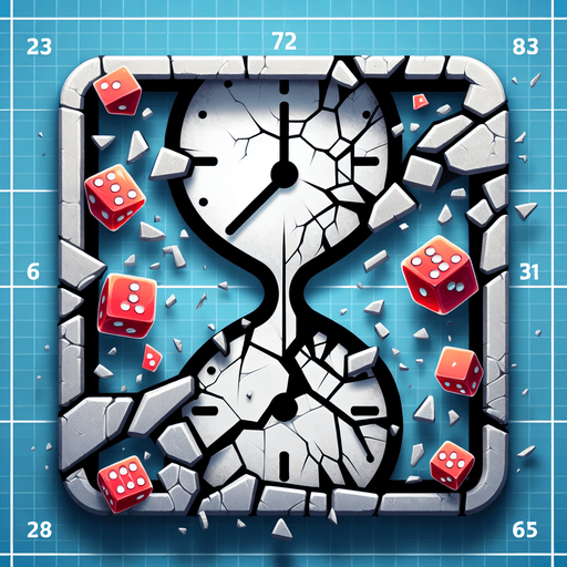 A clock face or hourglass that is visibly cracked or shattering. Could also be a die symbol mid-roll or showing multiple faces at once..
Single Game Texture.  In-Game asset.  2d.  Blank background.  High contrast.  No shadows