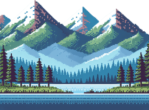 moutain landscape in pixelate look, make the background horizontally loopable.
Single Game Texture. In-Game asset. 2d. Blank background. High contrast. No shadows.