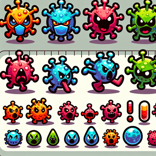 make a cartoony enemy germs..
Single Game Texture.  In-Game asset.  2d.  Blank background.  High contrast.  No shadows