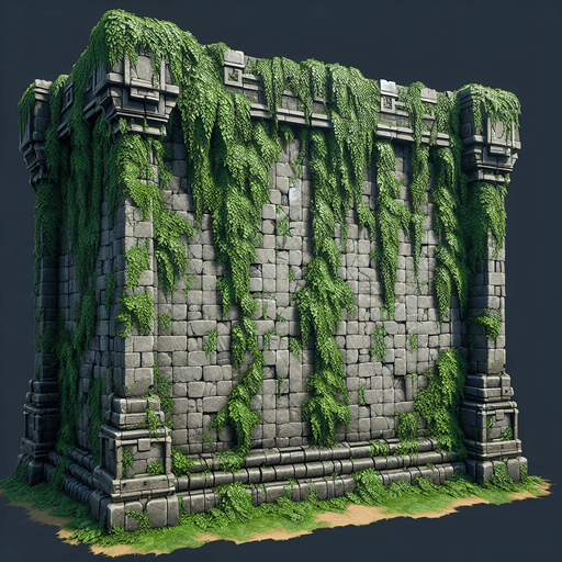 A barier wall with vines on it.
Single Game Texture.  In-Game asset.  2d.  Blank background.  High contrast.  No shadows