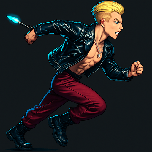 Cyberpunk American manga anime, side profile view running animation frames, shiny black leather biker jacket longsleeves shirtless thin abs pecs necklaces gemstone tipped wand, action shot fierce fashion pose animation blonde undercut pompadour, vampire fangs, wine red joggers, combat boots, Background removed, "Full-body character, entirely in frame, no cropping of face, head, or feet" "Complete character visible, from head to toe, fully centered in the image" "Entire character, including face and boots, fully within the frame" Character fully contained within a square frame, no edges cut off,