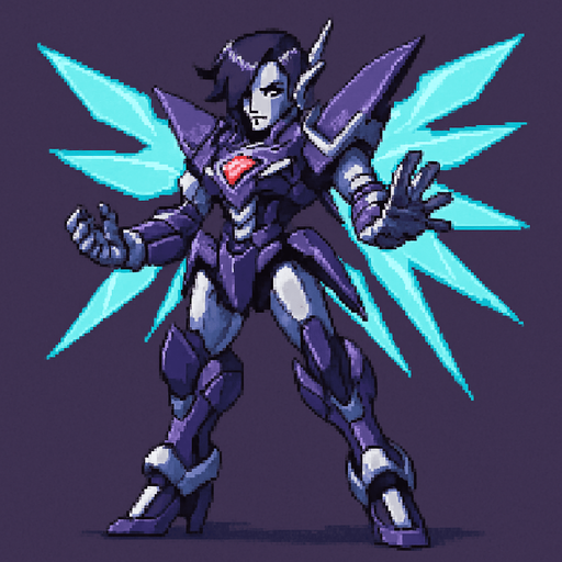 Appearance: An advanced and dramatically redesigned robotic version of Mettaton. It has futuristic armor, energy wings, and a stylized design reminiscent of an anime mecha. He have a heels, 2d pixel art
