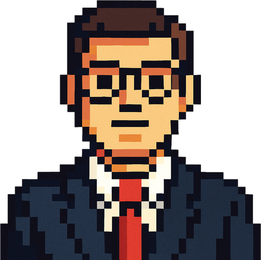 Hombre ejecutivo mirando a la cámara pixel art.
In-Game asset.  2d.  High contrast.  No shadows