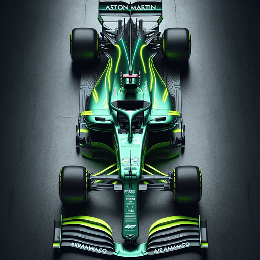 Photorealistic Aston Martin f1 race car, top view. 
Hex Codes: Color #229971	RGB 34,153,113 
Neon yellow arcs on body sides. 
White "Airamco" text on rear wing.