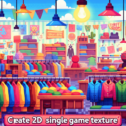 colourful thrift shop background.
Single Game Texture.  In-Game asset.  2d.  Blank background.  High contrast.  No shadows