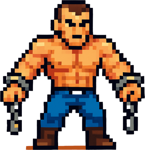 A normal human being but has chains on arms and muscular body pixelart.
In-Game asset.  2d.  High contrast.  No shadows