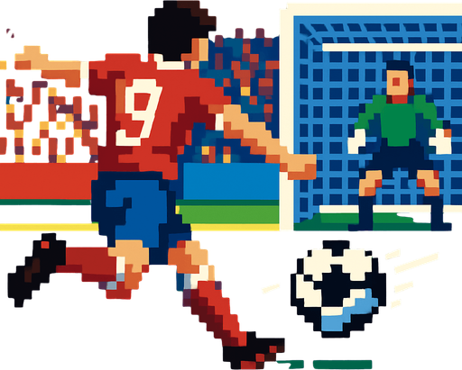 pixelart football shoot scene cinematic.
In-Game asset.  2d.  High contrast.  No shadows