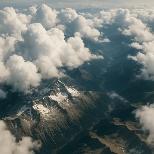 Fondo aéreo con nubes y montañas realista visto desde arriba