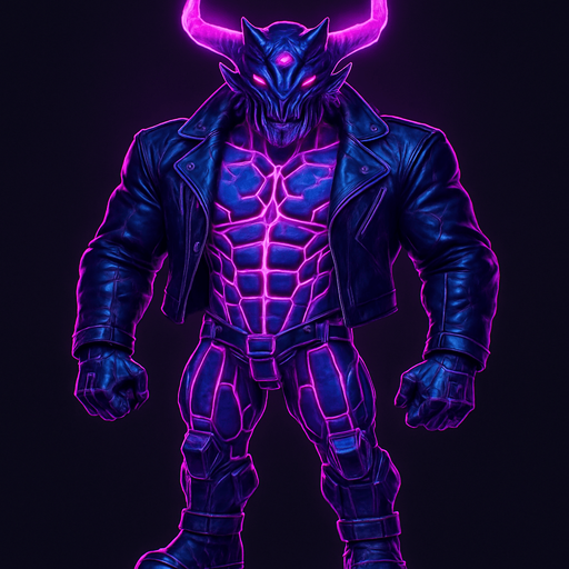 Black leather biker jacket longsleeves bare segmented neon cyberpunk pecs abs muscles robot monster hunk Neon cyberpunk 3d hologram corporate occult demon android mecha robot sentinel guard soldier machine monster fully in frame no part cut off no background anime futuristic Background removed, "Full-body character, entirely in frame, no cropping of face, head, or feet" "Complete character visible, from head to toe, fully centered in the image" "Entire character, including face and boots, fully within the frame" Character fully contained within a square frame, no edges cut off  horns through boots