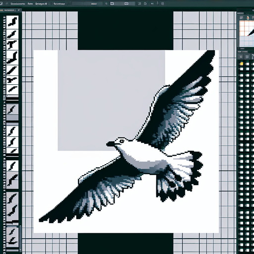 Flying seagull, 2d, pixel art.
Single Game Texture. In-Game asset. 2d. Blank background. High contrast. No shadows.