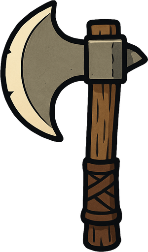 Has un hacha medieval que su lado afilado este de frente estilo cartoon.
In-Game asset.  2d.  High contrast.  No shadows