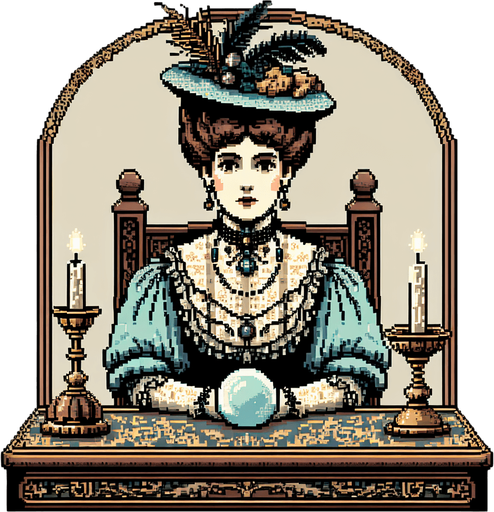Madam curio sits in front of you. She is an Edwardian era fortune teller. She is seen from the waist up in front of an ornate table.. Single Game Texture. In-Game asset. 2d. Blank background. High contrast. No shadows. Full color pixel art..
Single Game Texture. In-Game asset. 2d. Blank background. High contrast. No shadows.