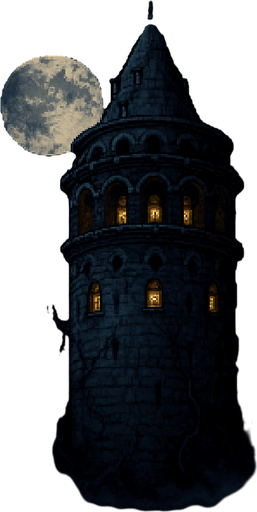 Create a pixel-art environment asset of the Galata Tower at night, in a dark and eerie style suitable for a 2D horror survival game. The tower should be tall and imposing with its recognizable cylindrical stone structure and conical roof. Add cracks, overgrown vines, and dim glowing windows to give it a haunted, ancient look. A full moon and cloudy night sky in the background. Mist or fog at the base. The overall atmosphere should feel ominous and mysterious. PNG format with transparent background..
In-Game asset.  2d.  High contrast.  No shadows