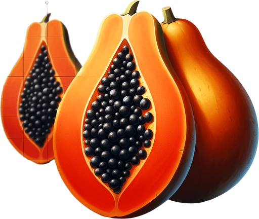 papaya fruit.
Single Game Texture.  In-Game asset.  2d.  Blank background.  High contrast.  No shadows