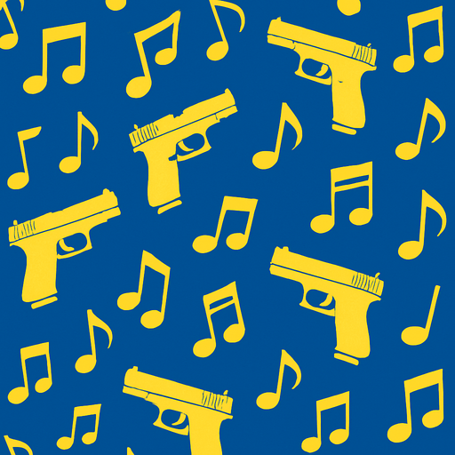 Make a wallpaper that features small music notes and guns. The image should look good for the game and not appear pixelated..
In-Game asset.  2d.  High contrast.  No shadows