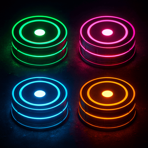 make it neon cyberpunk style, make one green, one pink, one light blue, and one orange, add a white circle in the middle of each