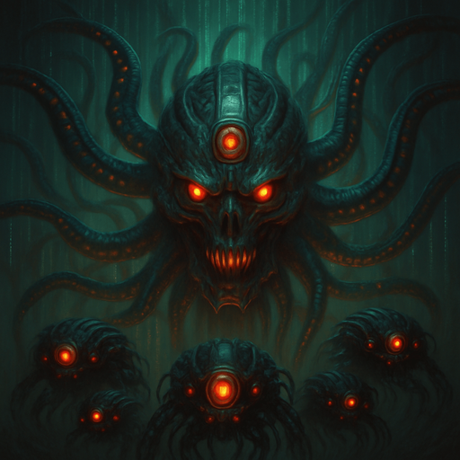 Giant head cyberpunk robot squid demon giant head tentacles behind matrix sentinels