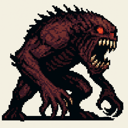 un mounstro grande hecho con pixeles con perspectiva de lado y mas aterrador
In-Game asset.  2d.  High contrast.  No shadows