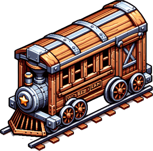 western toy train wagon side profile.
Single Game Texture. In-Game asset. 2d. Blank background. High contrast. No shadows.
