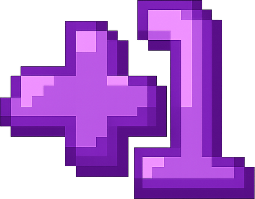 Purple color "+1" in pixels art style . No background. Transparent background. Blank background. No shadows. 2d. In-Game asset. flat 
